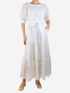 D.Exterior White belted broderie-anglaise midi dress - size UK 8