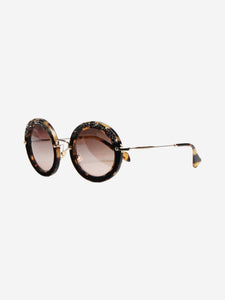 Miu Miu Brown and black crystal and suede round sunglasses