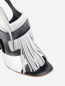 Tods Grey and black leather fringe detail sandals - size EU 37.5 (UK 4.5)