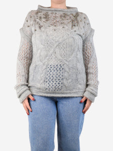 Ermanno Scervino Grey bejewelled cable-knit jumper - size UK 12
