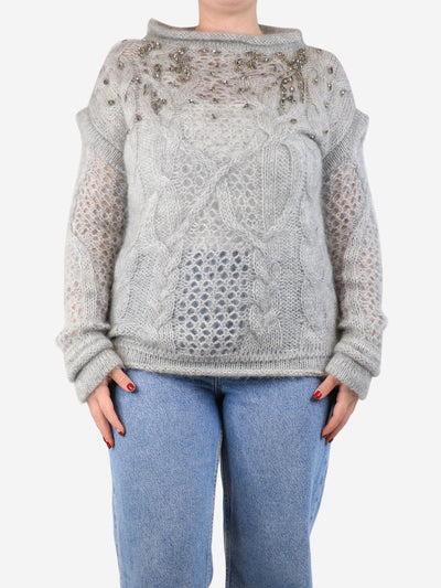 Grey bejewelled cable-knit jumper - size UK 12 Knitwear Ermanno Scervino 