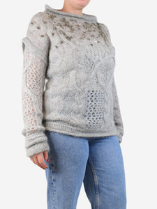 Ermanno Scervino Grey bejewelled cable-knit jumper - size UK 12