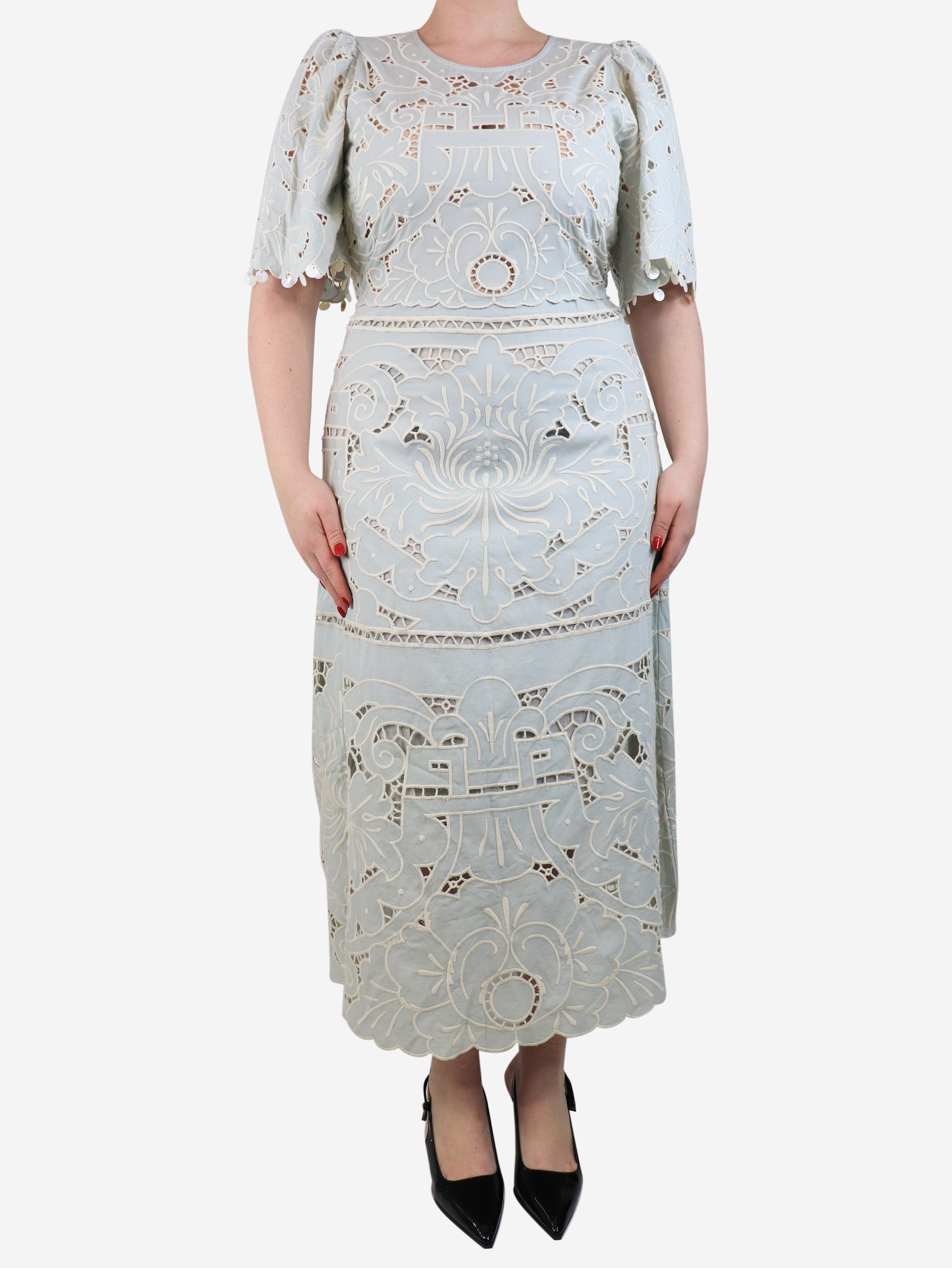 Blue and white embroidered maxi dress - size UK 14 Dresses Sea New York 