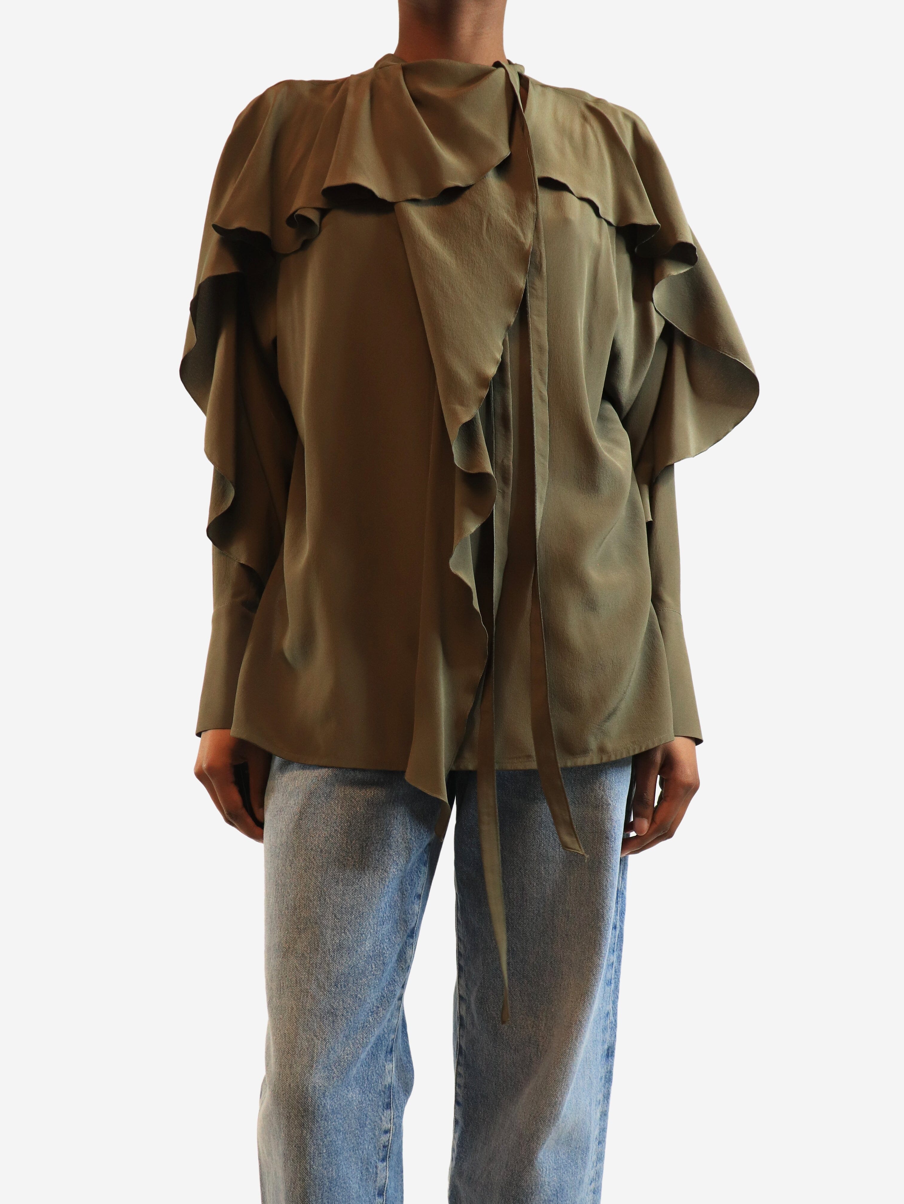 Green silk ruffle blouse - size UK 4 Tops Victoria Beckham 