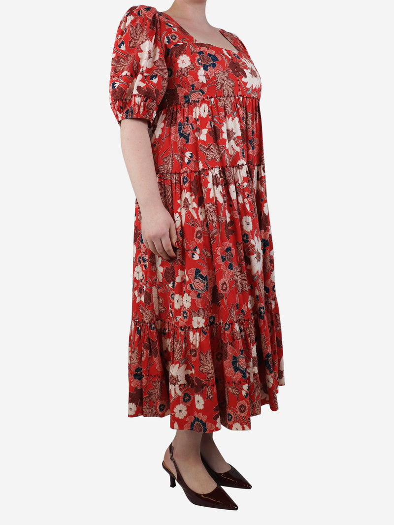 Red Nora gathered floral midi dress - size UK 16 Dresses Ulla Johnson 