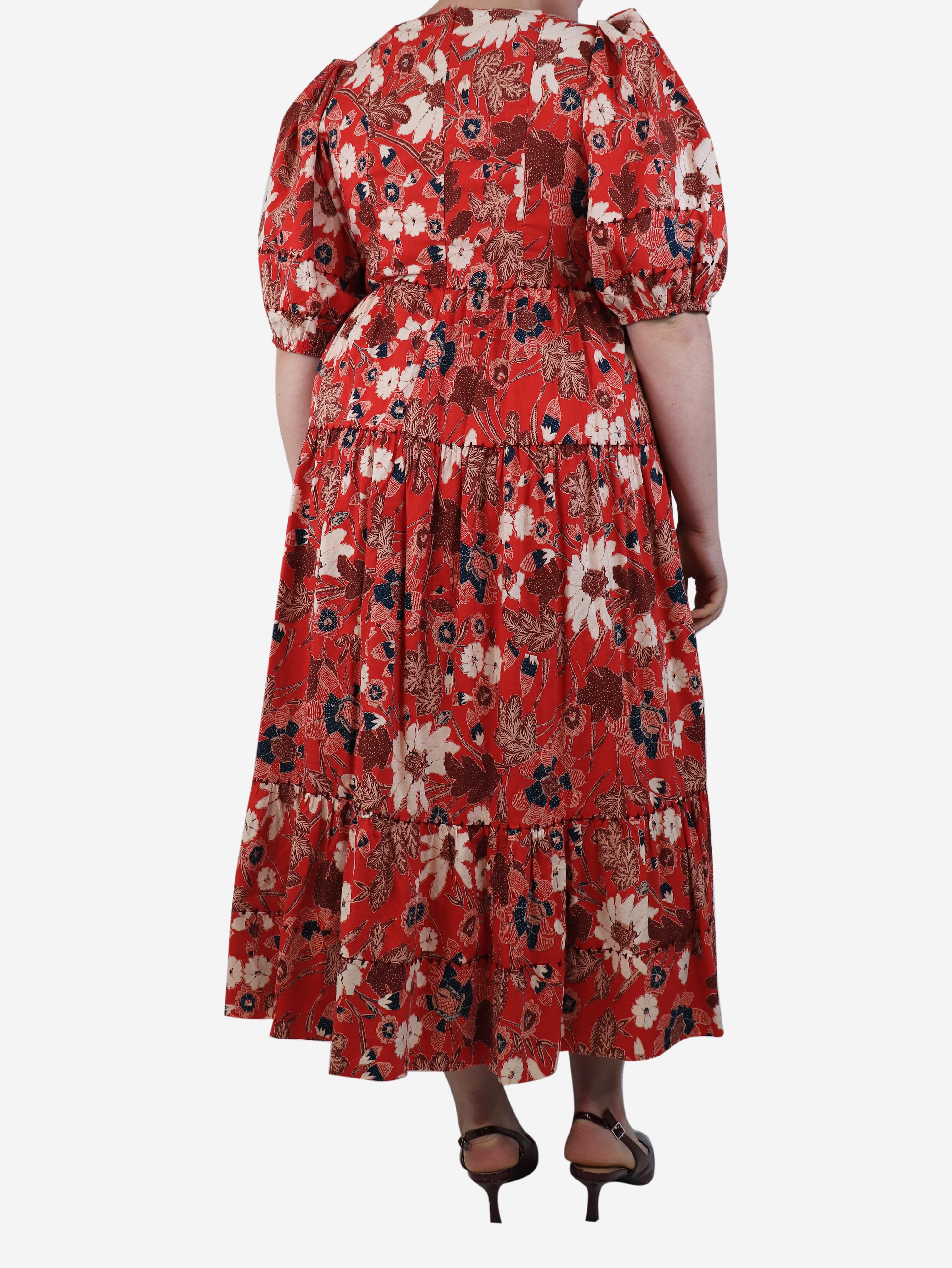 Red Nora gathered floral midi dress - size UK 16 Dresses Ulla Johnson 