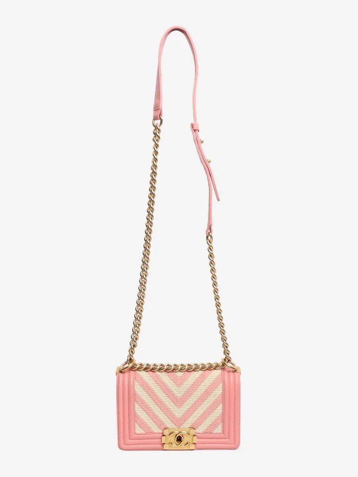 Pink and white 2017 small braided chevron Boy bag Shoulder bags Chanel 
