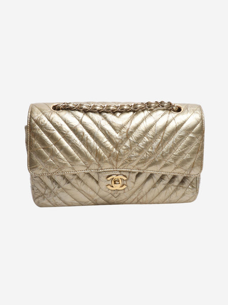 Gold 2018 medium chevron-quilted crumpled lambskin double flap shoulder bag product image