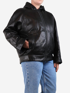 Brunello Cucinelli Black leather hooded jacket - size UK 14