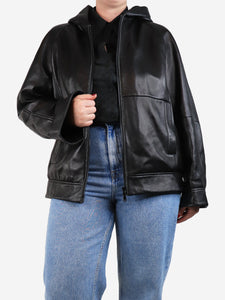 Brunello Cucinelli Black leather hooded jacket - size UK 14