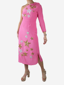 Rixo Pink one-shoulder sequin star midi dress - size S