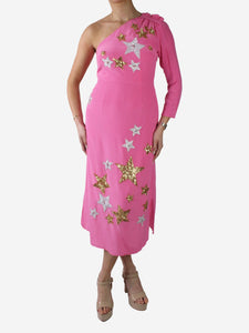 Rixo Pink one-shoulder sequin star midi dress - size S