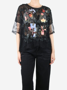 Valentino Black floral applique lace top - size UK 10