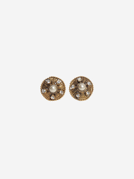 Gold vintage pearl and rhinestone clip-on earrings alternate image