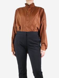 Egg Brown ruffle collar silk oversized shirt - size UK 10