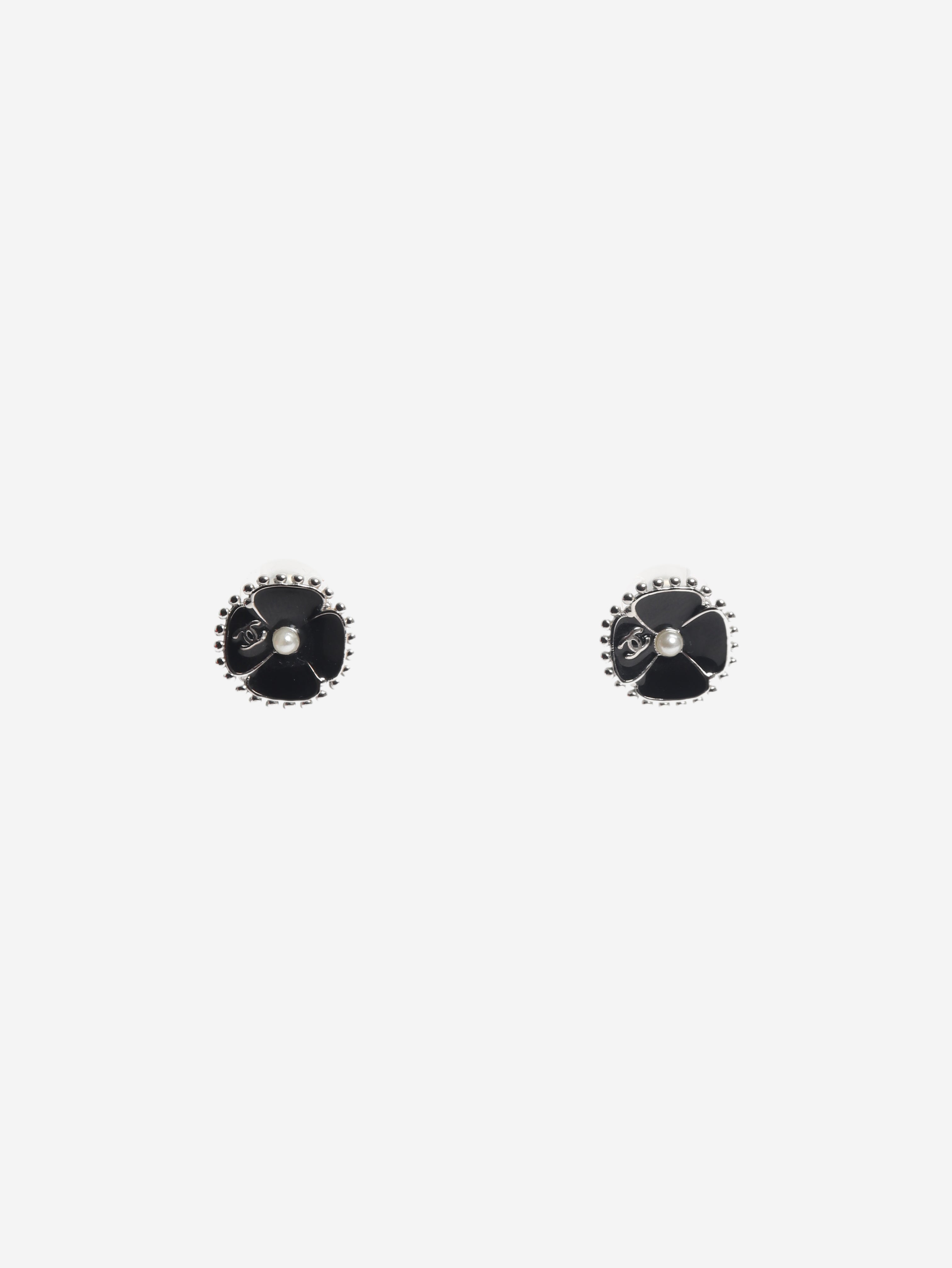 Black and silver camelia stud earrings