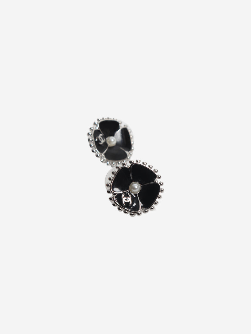 Black and silver camelia stud earrings