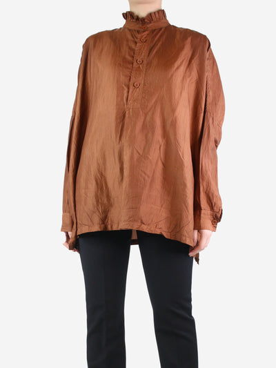 Brown ruffle collar silk oversized shirt - size UK 10 Tops Egg 