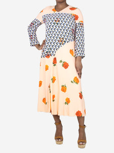 Dries Van Noten Peach geometric and floral printed midi dress - size UK 12