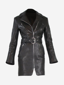 Khaite Black belted leather biker mini dress - size UK 6