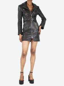 Khaite Black belted leather biker mini dress - size UK 6