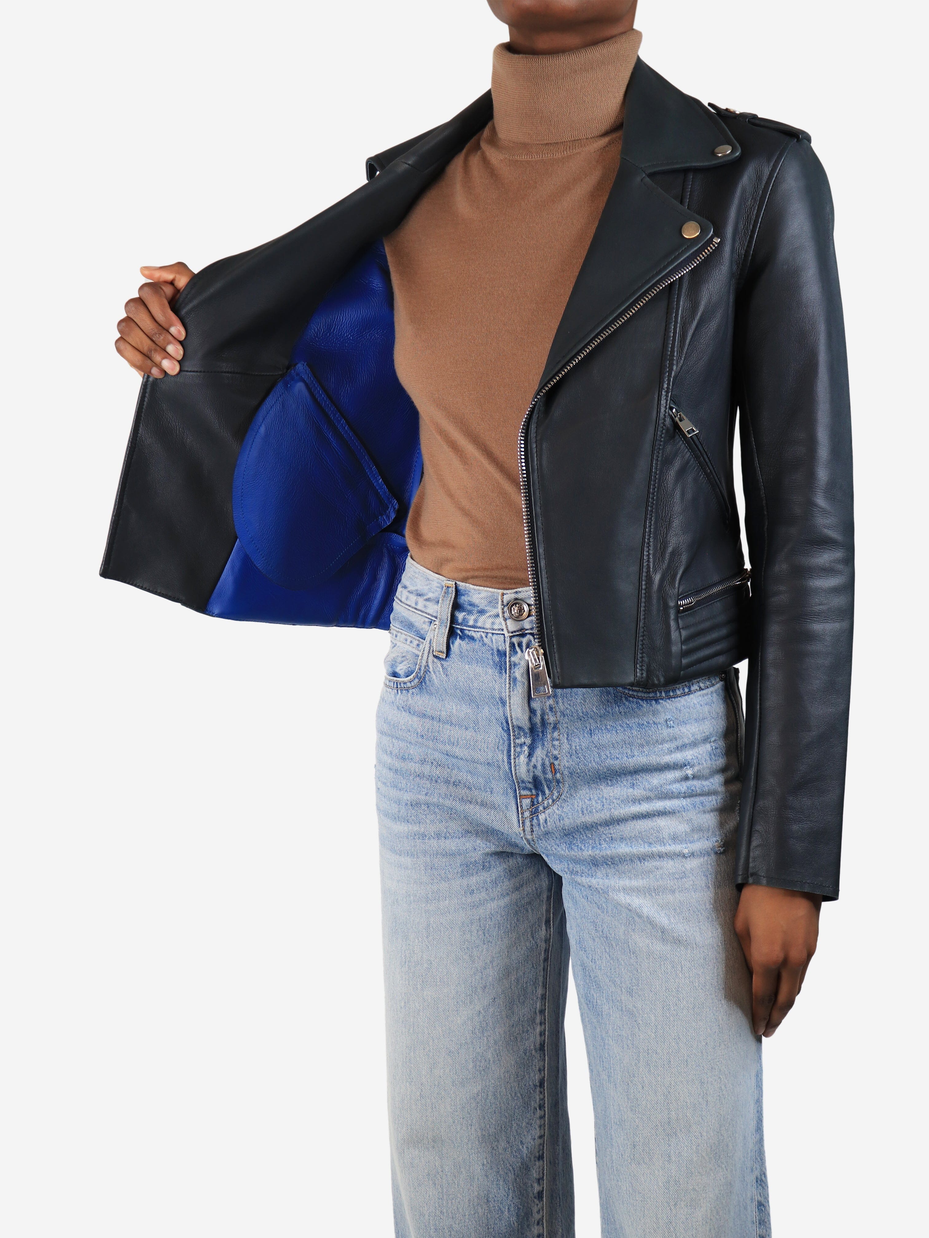 Navy leather biker jacket - size UK 10 Coats & Jackets Maje 