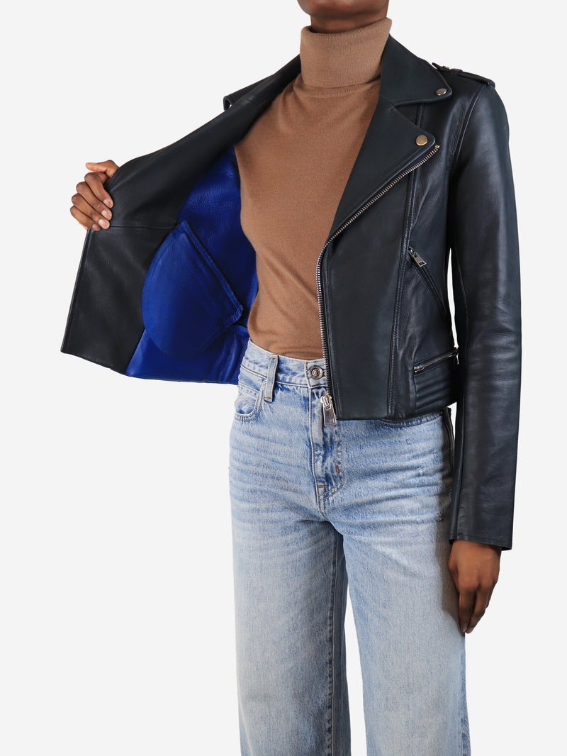 Navy leather biker jacket - size UK 10 Coats & Jackets Maje 