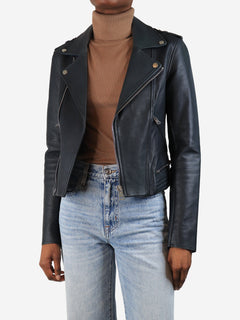 Navy leather biker jacket - size UK 10 Coats & Jackets Maje 