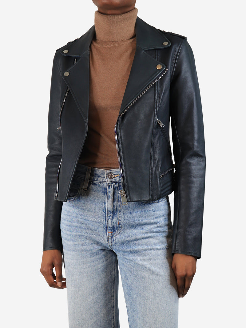Navy leather biker jacket - size UK 10 Coats & Jackets Maje 