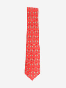 Hermes Red giraffes and palms silk print tie