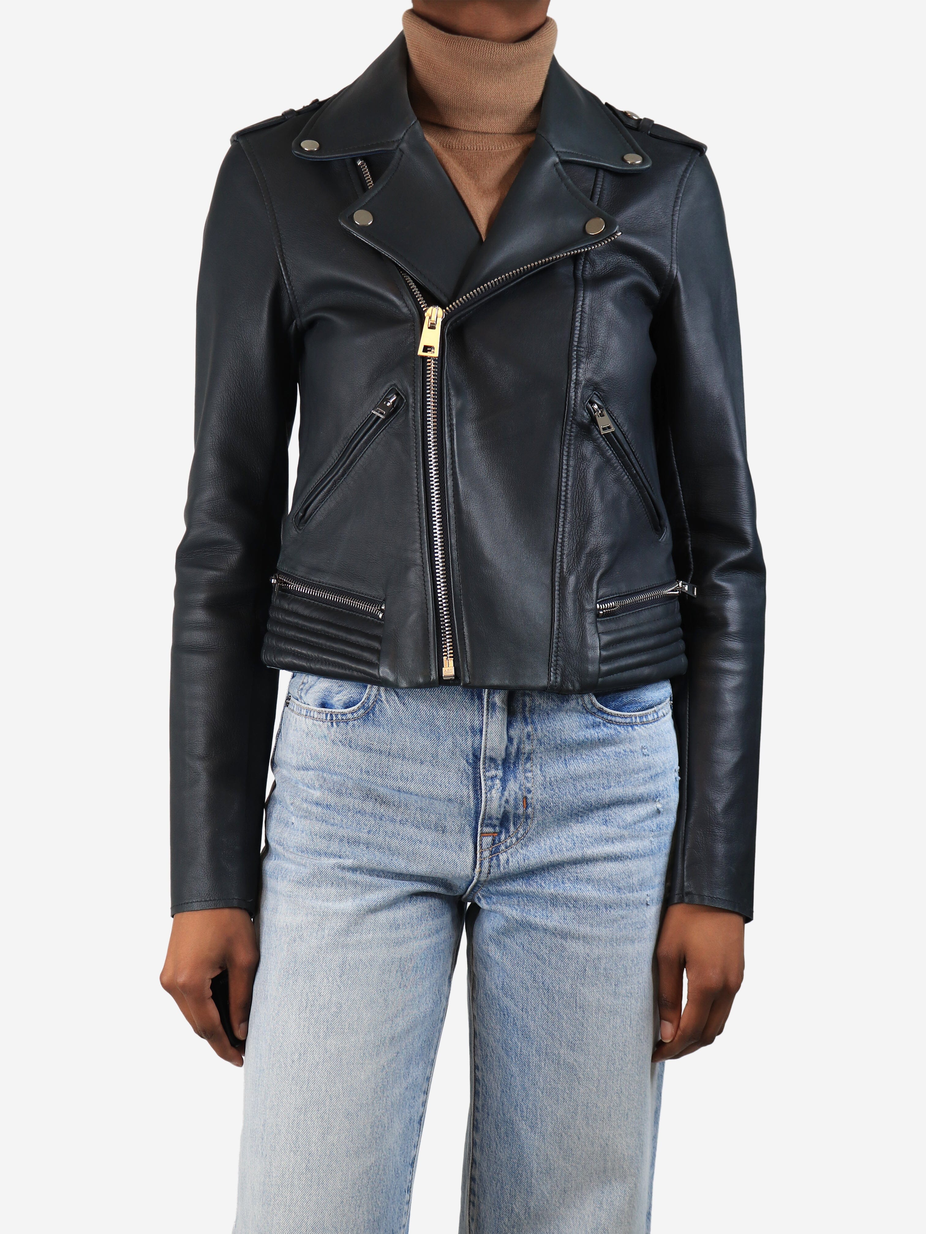 Navy leather biker jacket - size UK 10 Coats & Jackets Maje 