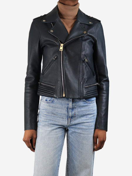 Navy leather biker jacket - size UK 10 product image