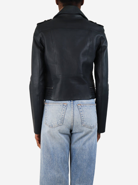 Navy leather biker jacket - size UK 10 alternate image