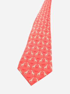 Hermes Red giraffes and palms silk print tie