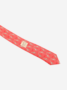 Hermes Red giraffes and palms silk print tie