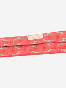 Hermes Red giraffes and palms silk print tie