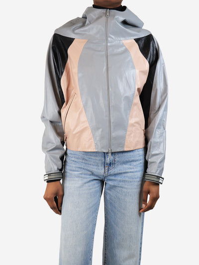 Grey colour block hooded leather jacket - size UK 6 Coats & Jackets Prada 