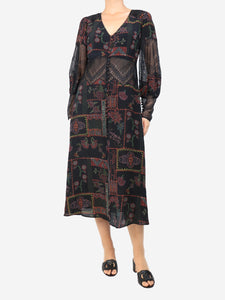 Hayley Menzies Black printed lace-trim midi dress - sizeUK 12