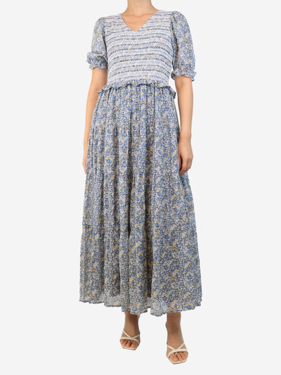 Blue shirred floral maxi dress - size M Dresses By Iris 