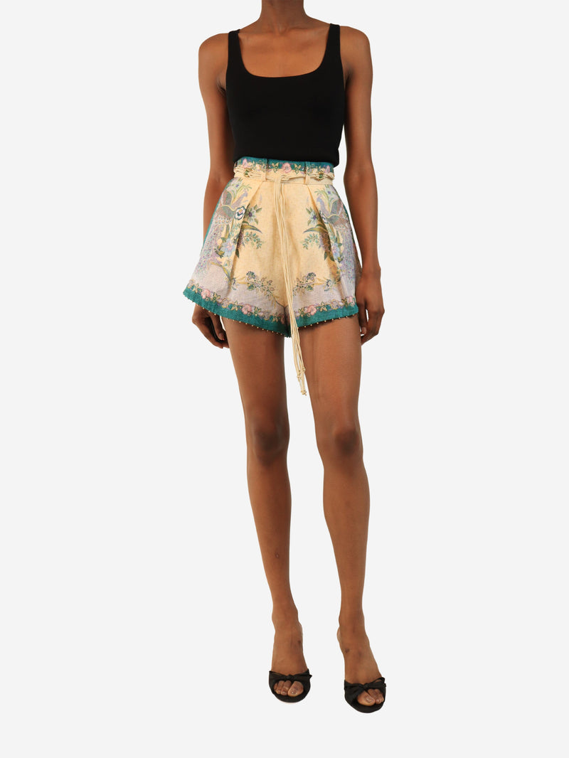 Green and cream Indra printed linen shorts - size UK 6 Skirts Zimmermann 