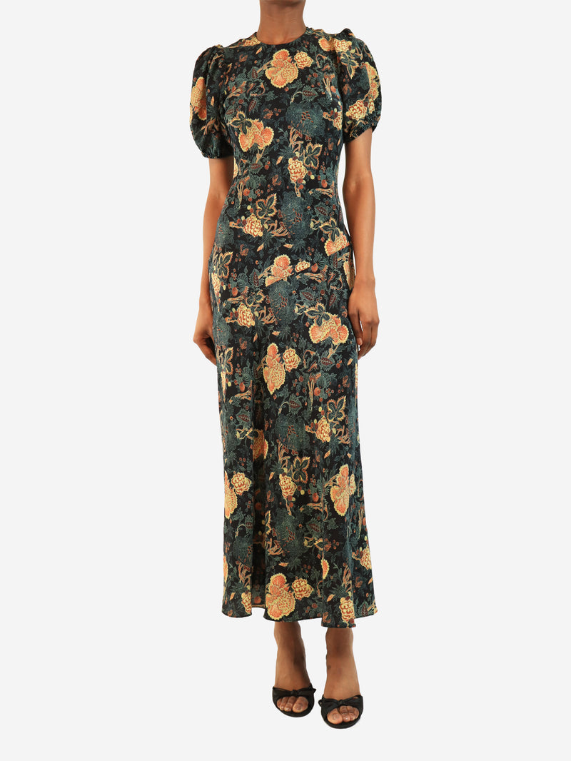 Black floral printed silk dress - size UK 8