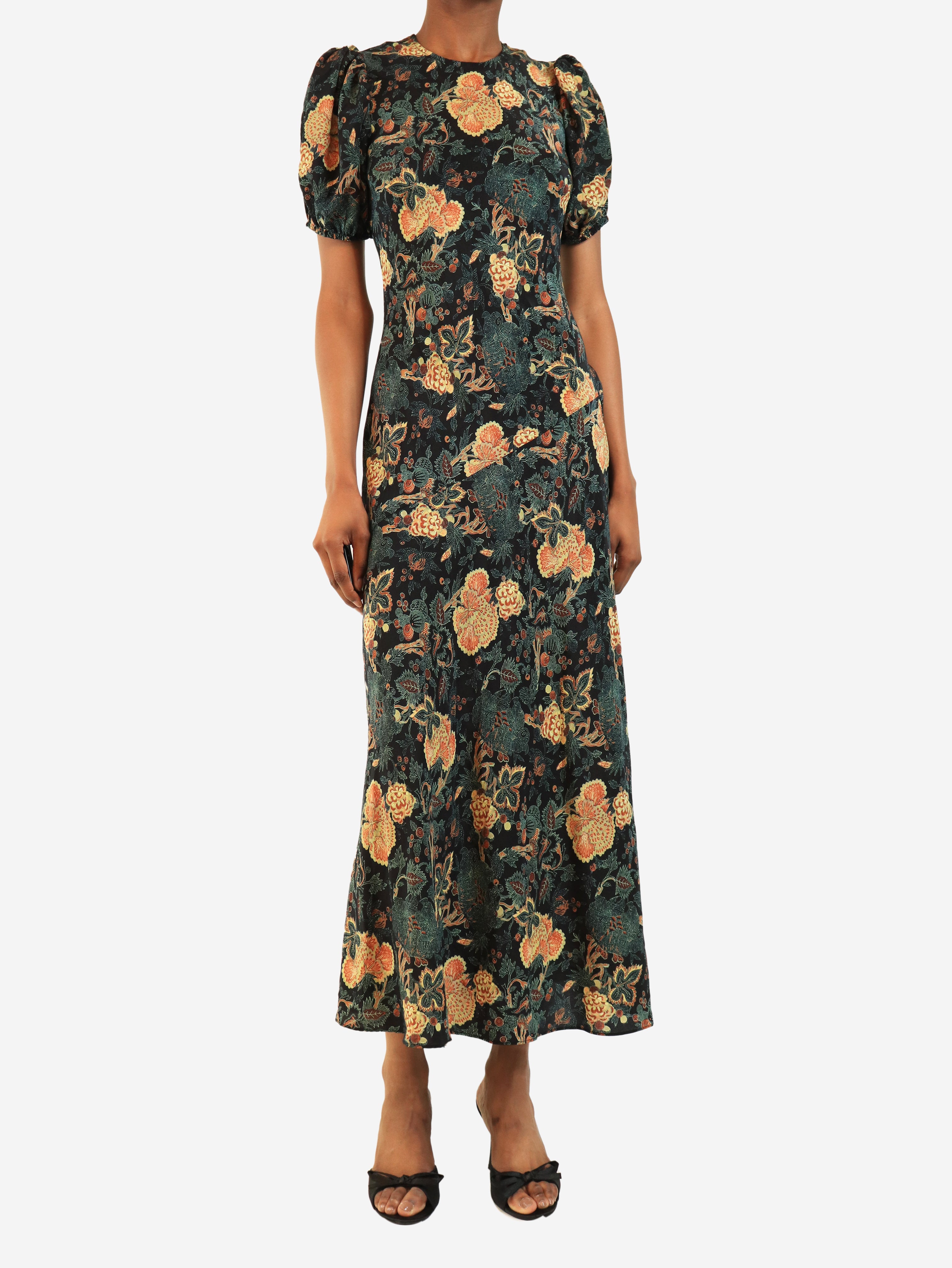 Black floral printed silk dress - size UK 8