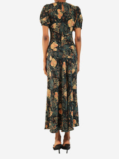 Black floral printed silk dress - size UK 8