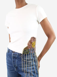 Area Cream asymmetric bejewelled and fringed t-shirt - size XS