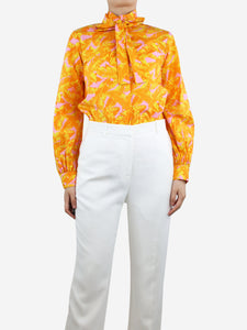 MSGM Orange floral-printed neck-tie shirt - size UK 8