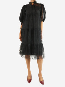 Teija Black tulle polka dot midi dress - size UK 6