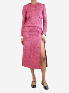 Chanel Pink tweed jacket and slit skirt set - size UK 6
