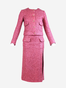 Chanel Pink tweed jacket and slit skirt set - size UK 6
