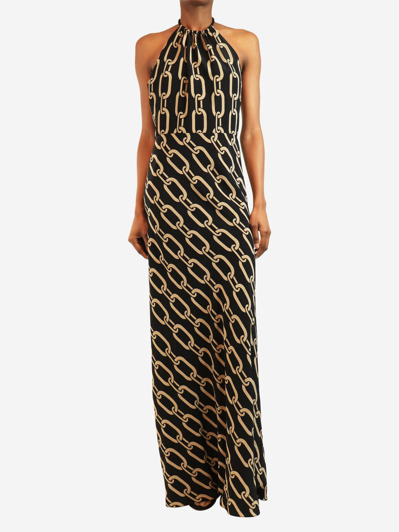 Black and beige printed halter neck dress - size UK 8