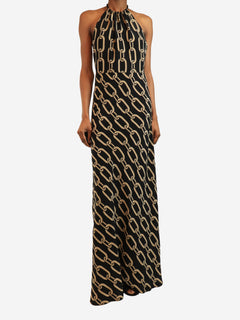 Black and beige printed halter neck dress - size UK 8